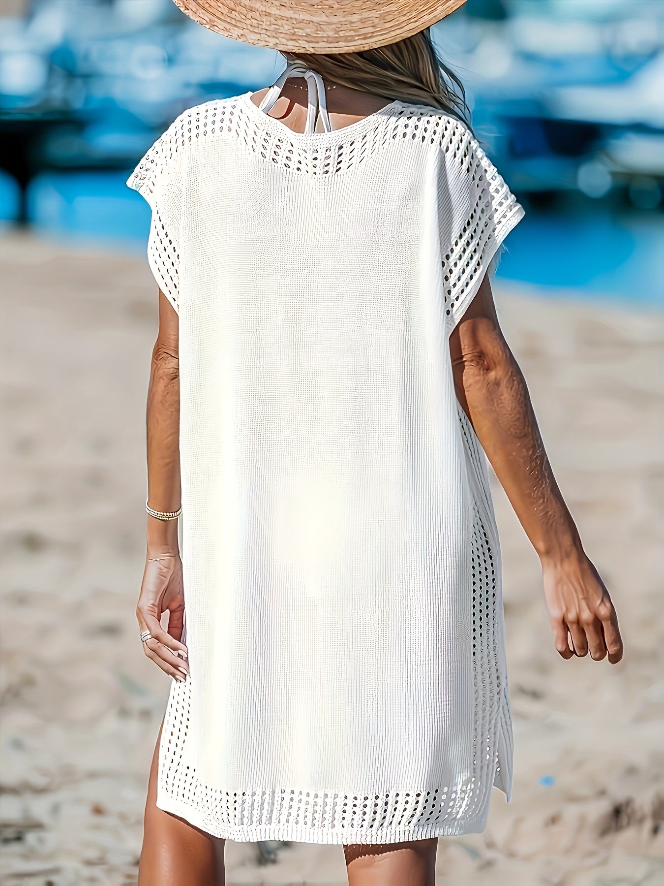 Women's Crochet Swimsuit Batwing Sleeve V-Neck Beachwear Summer Dress