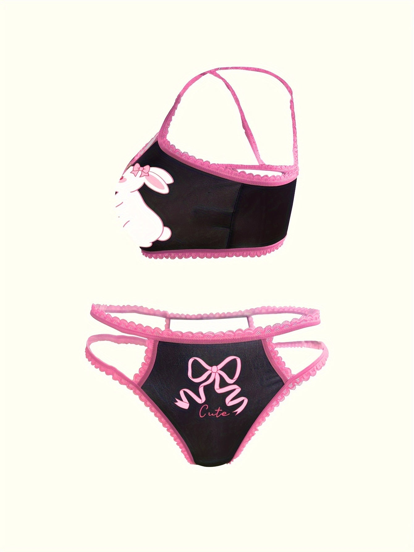 Pink Lace Lingerie Set with Rabbit Print Bra and Panties