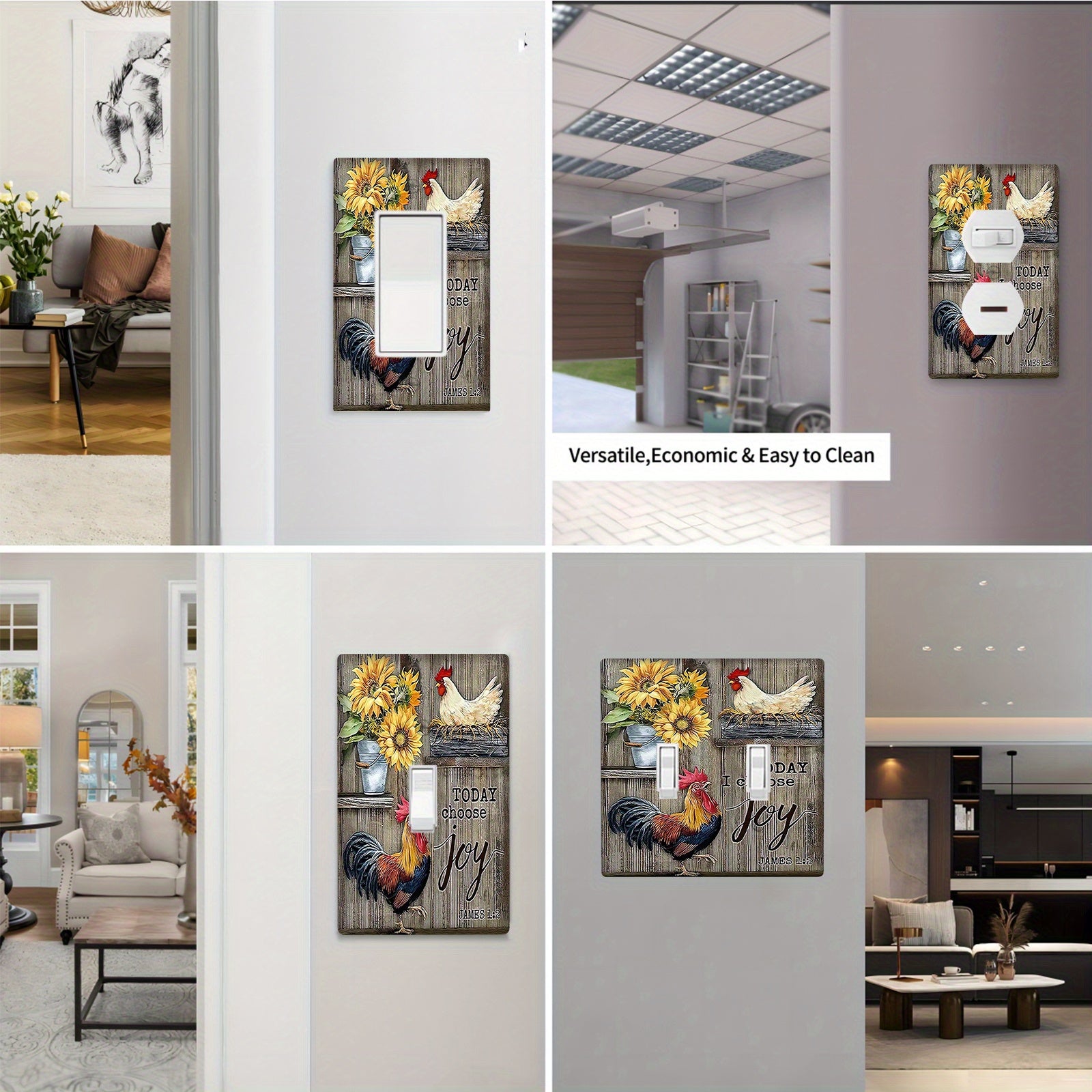 Rustic Rooster Light Switch Cover Decorative Wall Plate Easy Install Battery-Free for Home Kitchen Bedroom