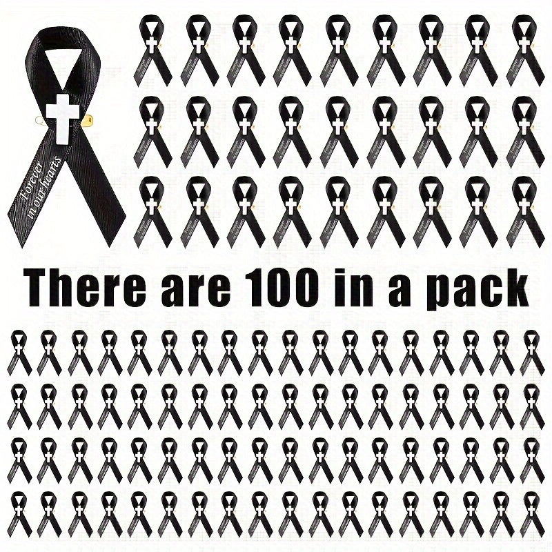 100 piezas de alfileres de cinta funeraria, cruces, pins conmemorativos, broches para servicios de duelo y conmemoración