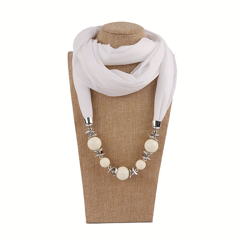 Women's Solid Color Infinity Scarf with Beaded Jewelry Necklace and Head Wrap