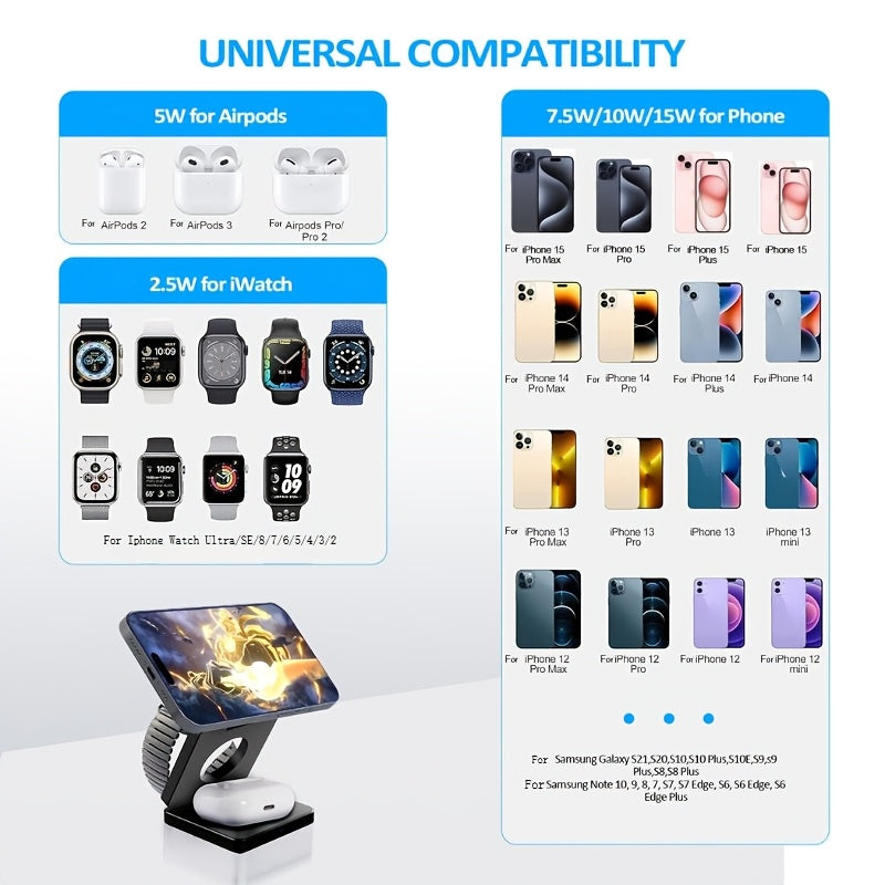 3-in-1 buklanuvchi simsiz zaryadlovchi stend iPhone 15 14 13 Pro Max uchun magnit dizayni va 5W Apple Watch zaryadlovchi bilan