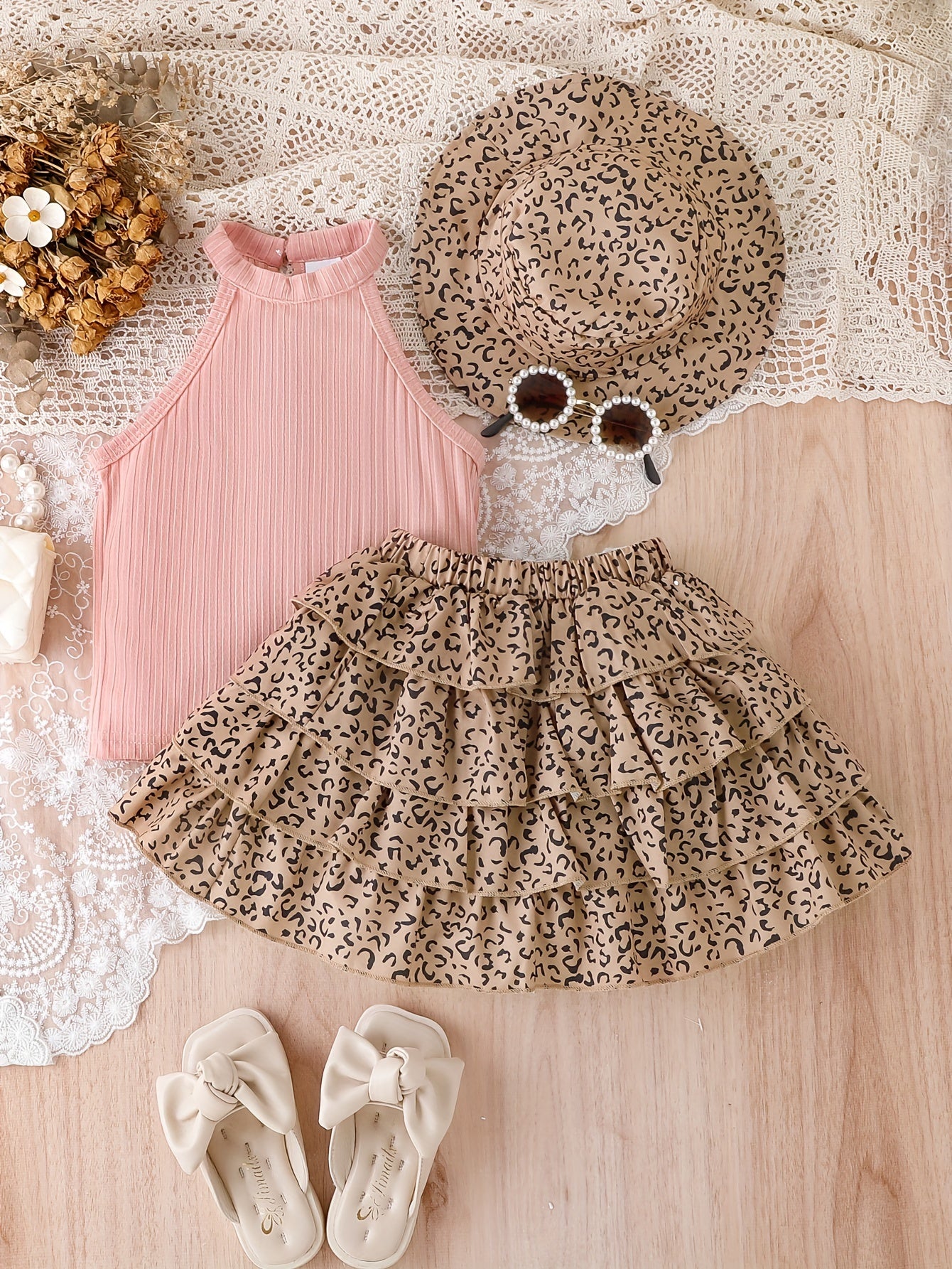 Girls Summer Outfit Set with Leopard Print Bandeau Top Tiered Skirt and Hat for Kids
