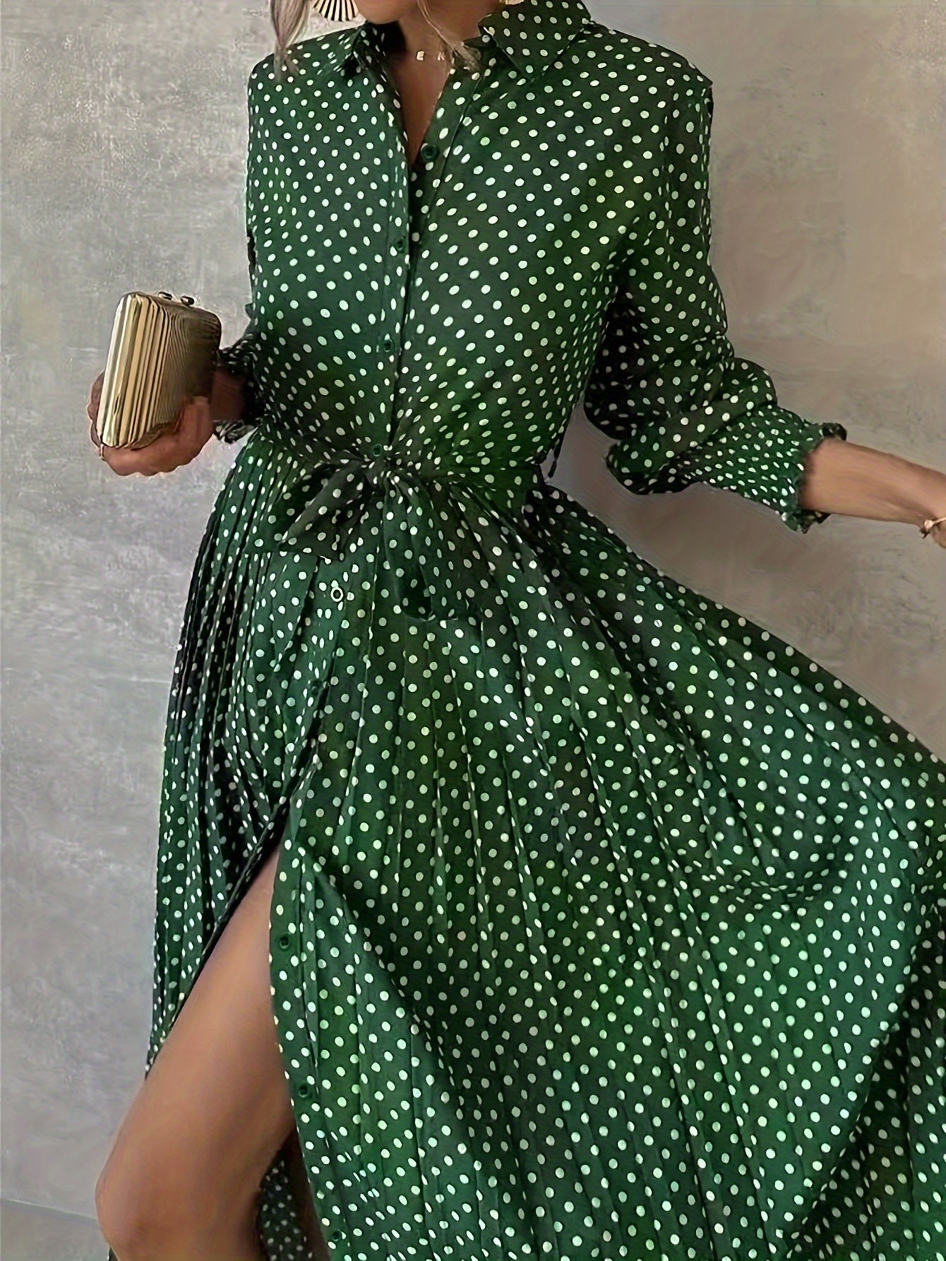 Long Sleeve Polka Dot Dress for Adults Elegant Woven Polyester Spring Fall