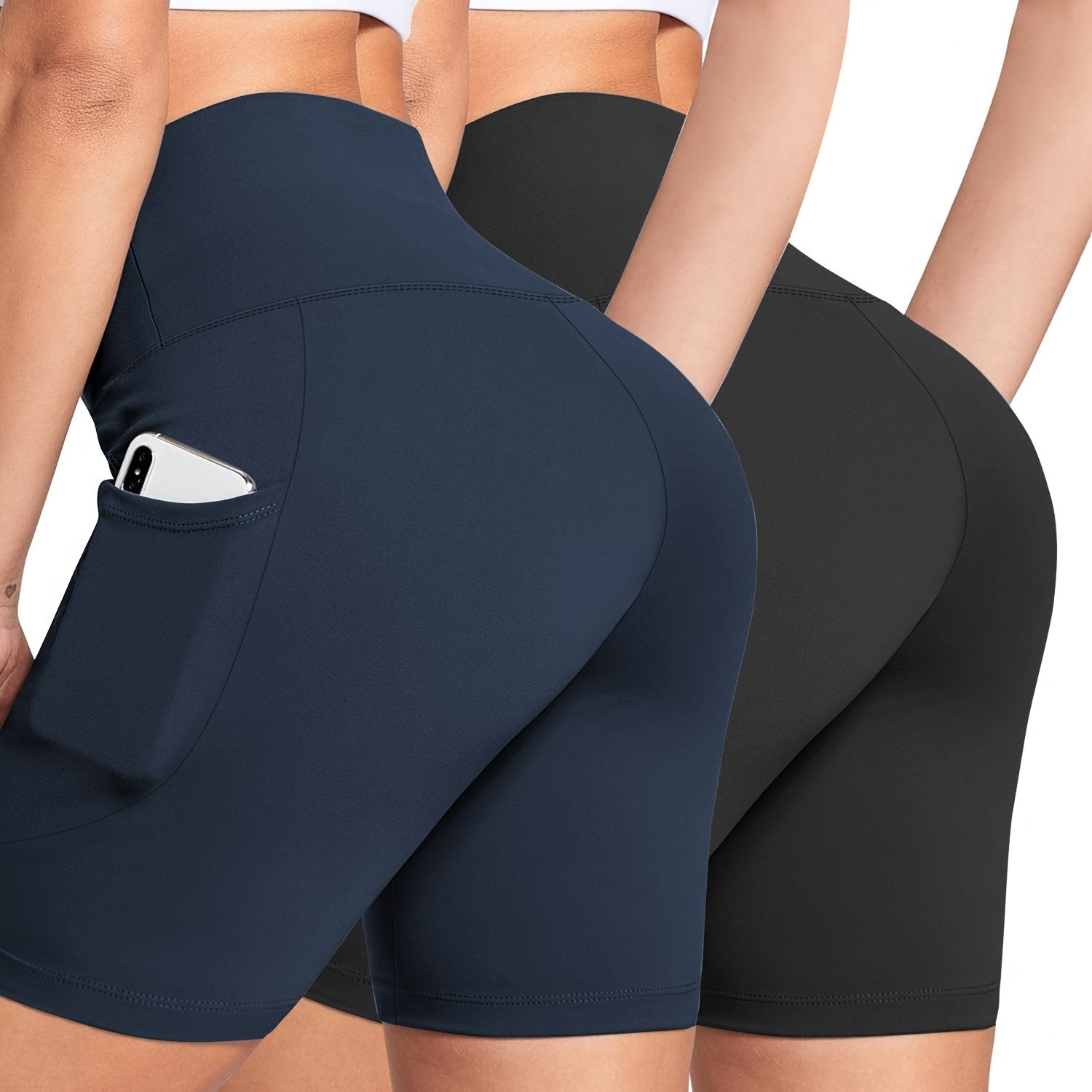 Women's High-Waisted Yoga Shorts 2-Pack Stretchy Slim Fit Black Leopard