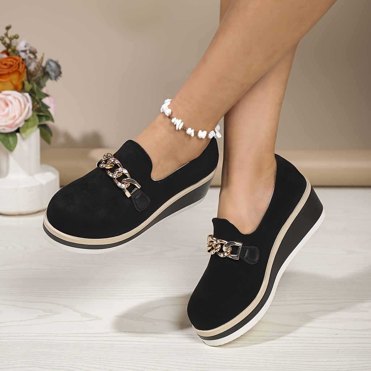 Women's Black Slip-On Loafers with Gold Chain Rhinestone Accents