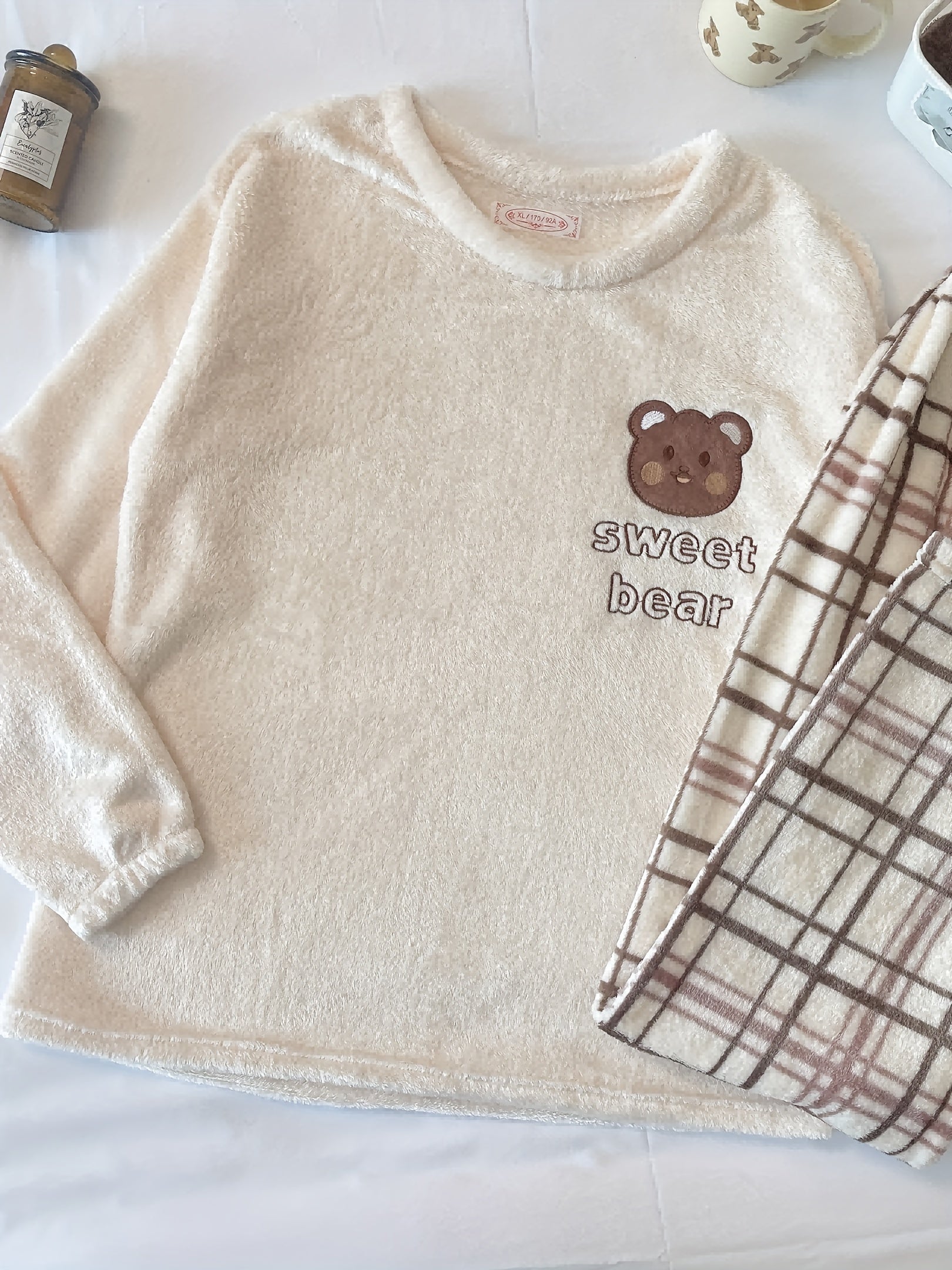 Women's Teddy Bear Pattern Pajama Set Long Sleeve Plaid Pants Winter