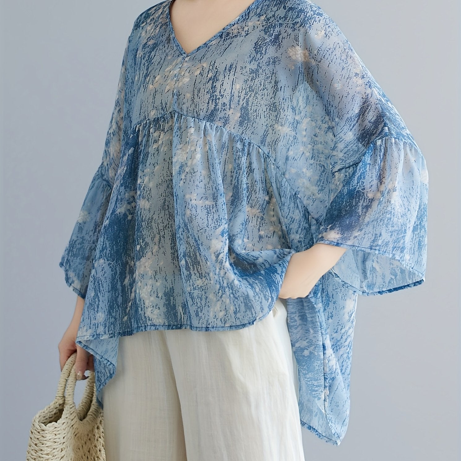 Plus Size Women's Floral Print Chiffon V-Neck T-Shirt Summer Top