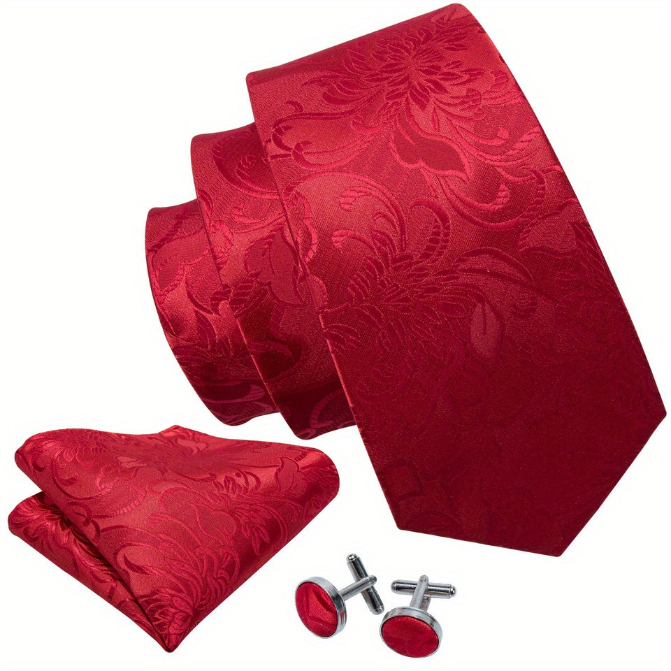 Elegante conjunto de corbata para hombre en burdeos con diseño de cachemira, que incluye pañuelo de bolsillo y gemelos - Hecho de poliéster, tejido en un diseño elegante para eventos formales y bodas, corbata y accesorios