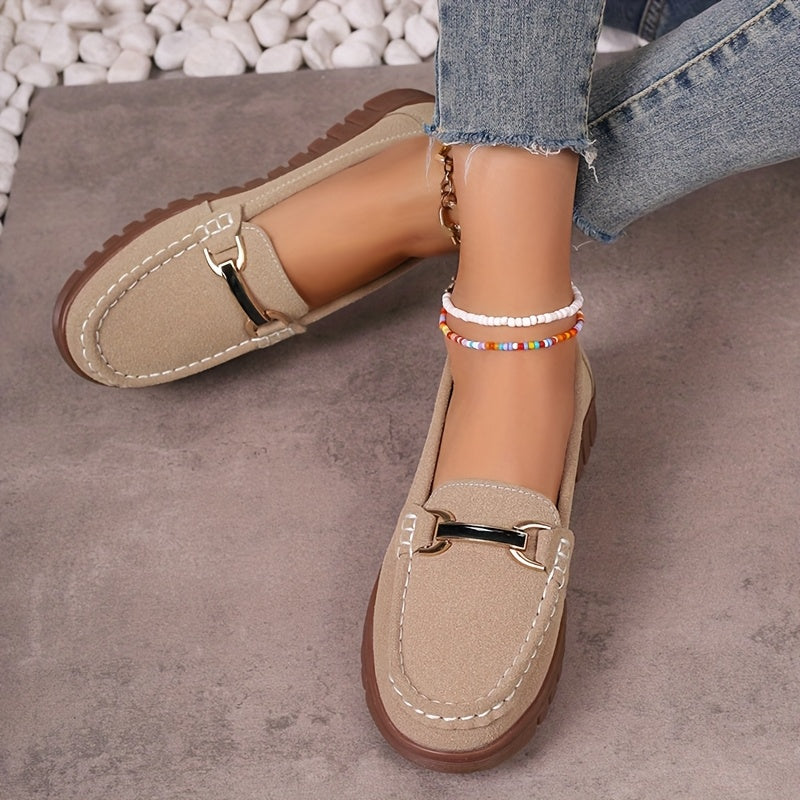 Women's Slip-On Loafers with Metallic Buckle Beige Black Comfortable Flats