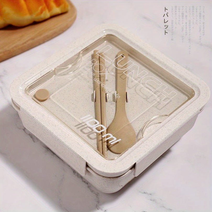 Izolyatsiyalangan tushlik qutisi to'plami, stol uchun idishlar bilan, ofis va maktab uchun kvadrat bo'lingan bug'doy simi Bento qutisi