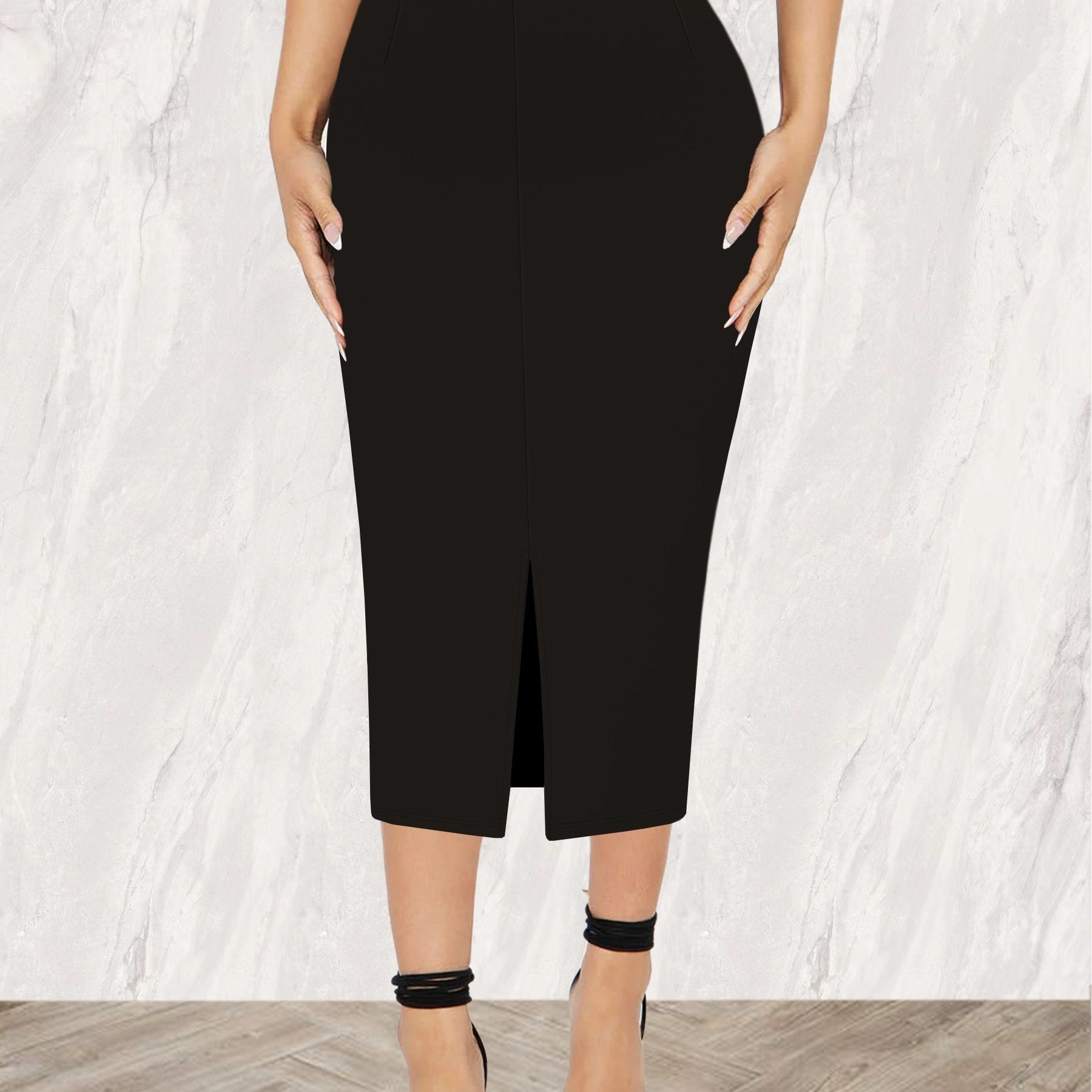 Women's Black Midi Skirt with High Waist and Side Slit Stretchy Rayon Blend for Spring Summer