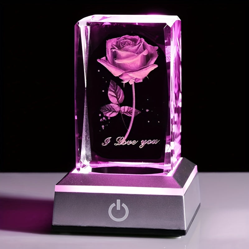 Cristal de rosa grabado en láser 3D con base de luz de color para regalo, decoración del hogar, luz nocturna