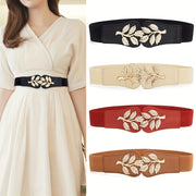 Women's Coat Dress Belt Elastic Waistband Solid Color Wide Girdle with Golden Leaf Buckle