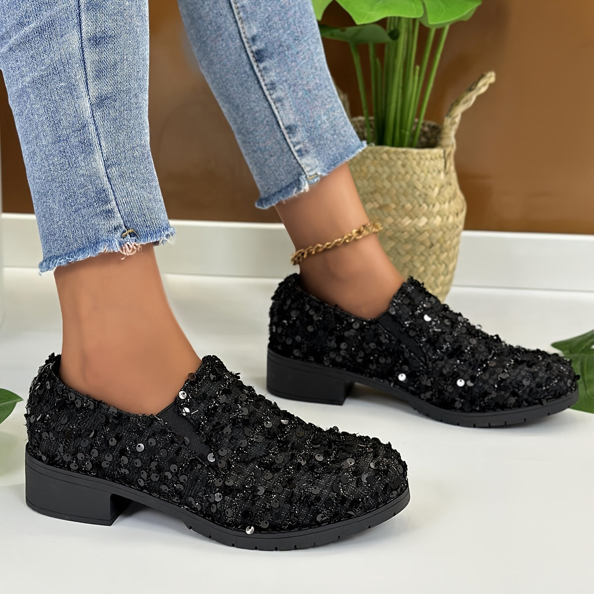 Women's Sequin Nurse Loafers Black Fabric Slip-On Flats with Bow