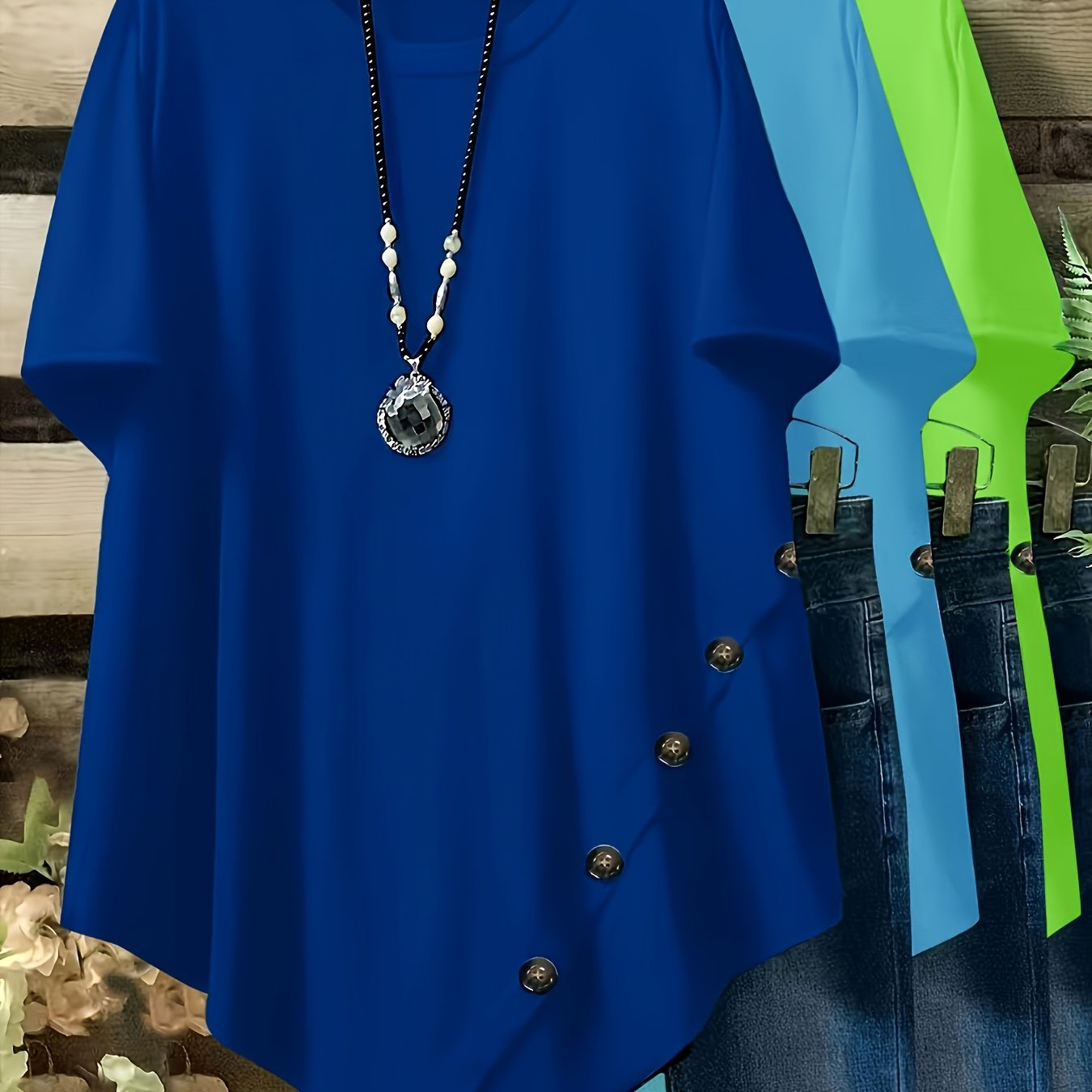 Women's Plus Size Loose Fit Short Sleeve Casual T-Shirts with Button and Asymmetrical Hem