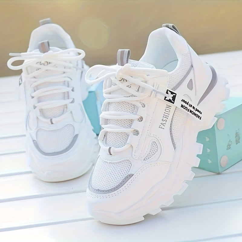Women's White Mesh Low Top Sneakers with Lace-Up Closure and PVC Sole