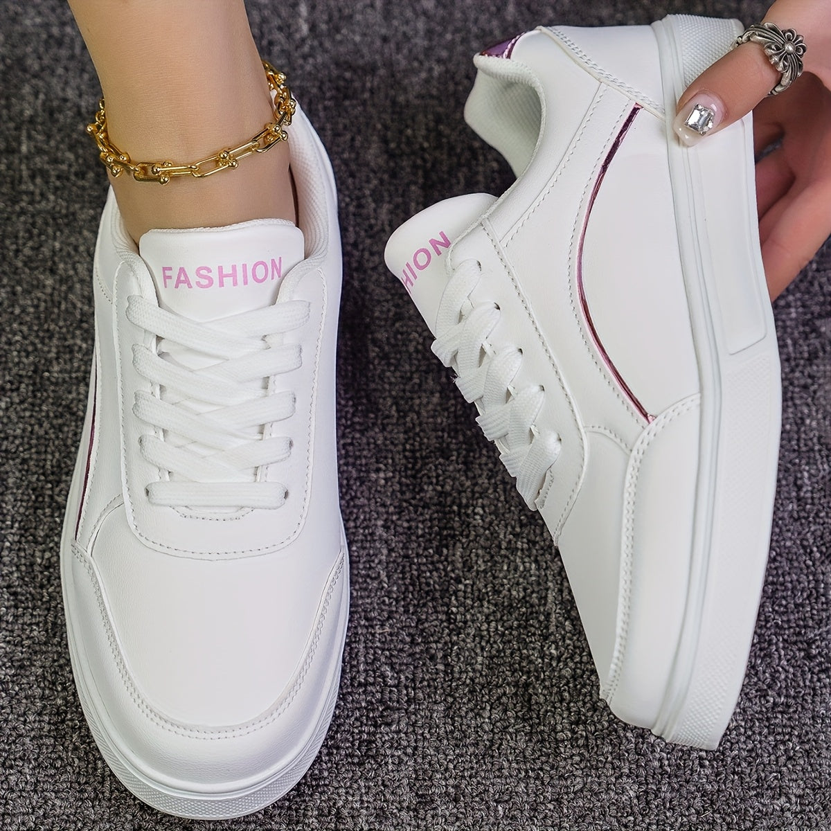 Women's White Sneakers with Gold Accents Low-Top Comfortable Casual Walking Shoes