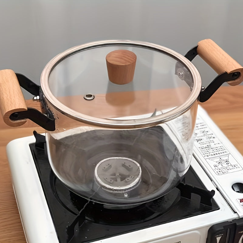Olla de vidrio de borosilicato con asas duales, resistente a altas temperaturas, compatible con cocinas de vitrocerámica para salteados