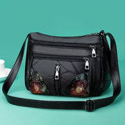 Black Crossbody Bag for Women with Adjustable Strap Floral Stitching Multiple Compartments