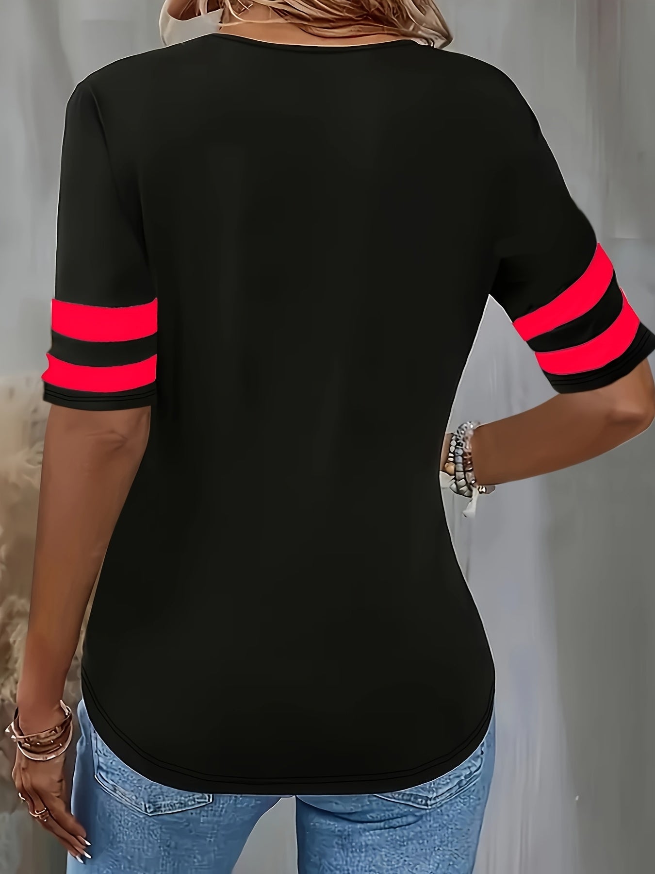 Women's Black V-Neck T-Shirt with Red Accents Stretchy Casual Top
