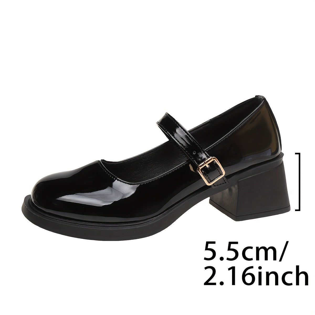 Women's Black Glossy Mary Jane Block Heel Pumps with Gold Chain Ankle Strap