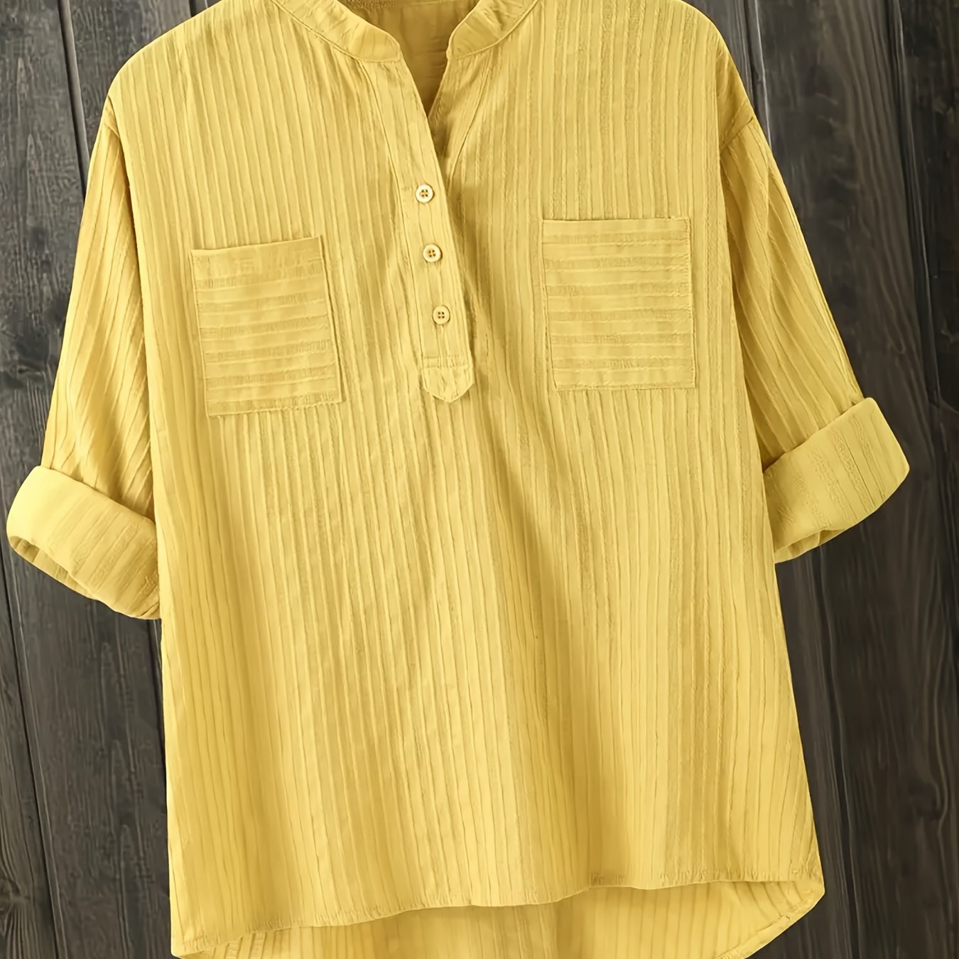 Women's Linen Blend Long Sleeve Shirt with Lapel Collar and Woven Button Details