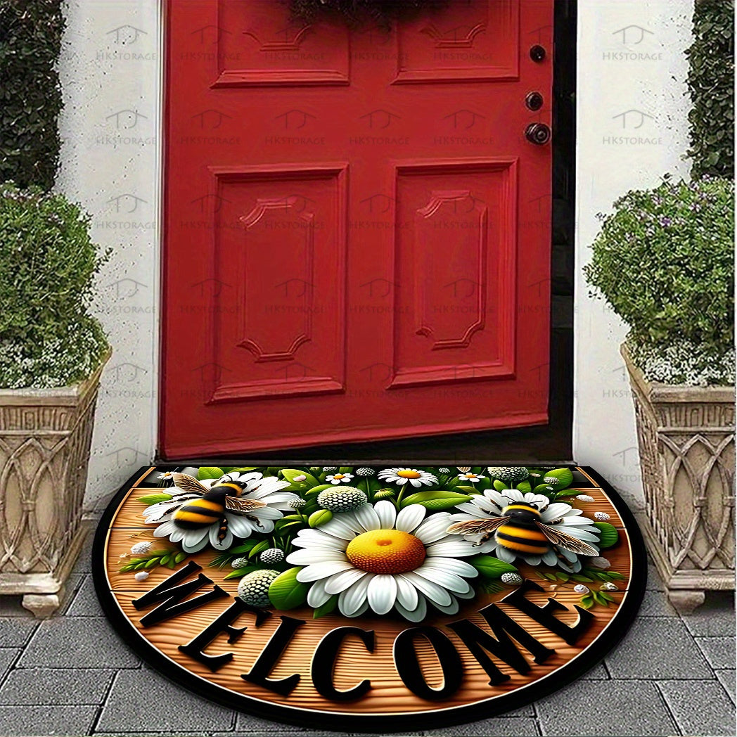 Bee and Floral Welcome Mat Semi-Circular Indoor Outdoor Durable Polyester Washable