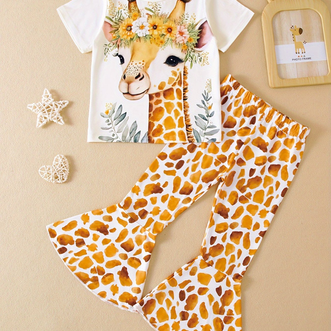 Kids' Summer 3D Giraffe Graphic T-Shirt and Flare Pants Set Polyester