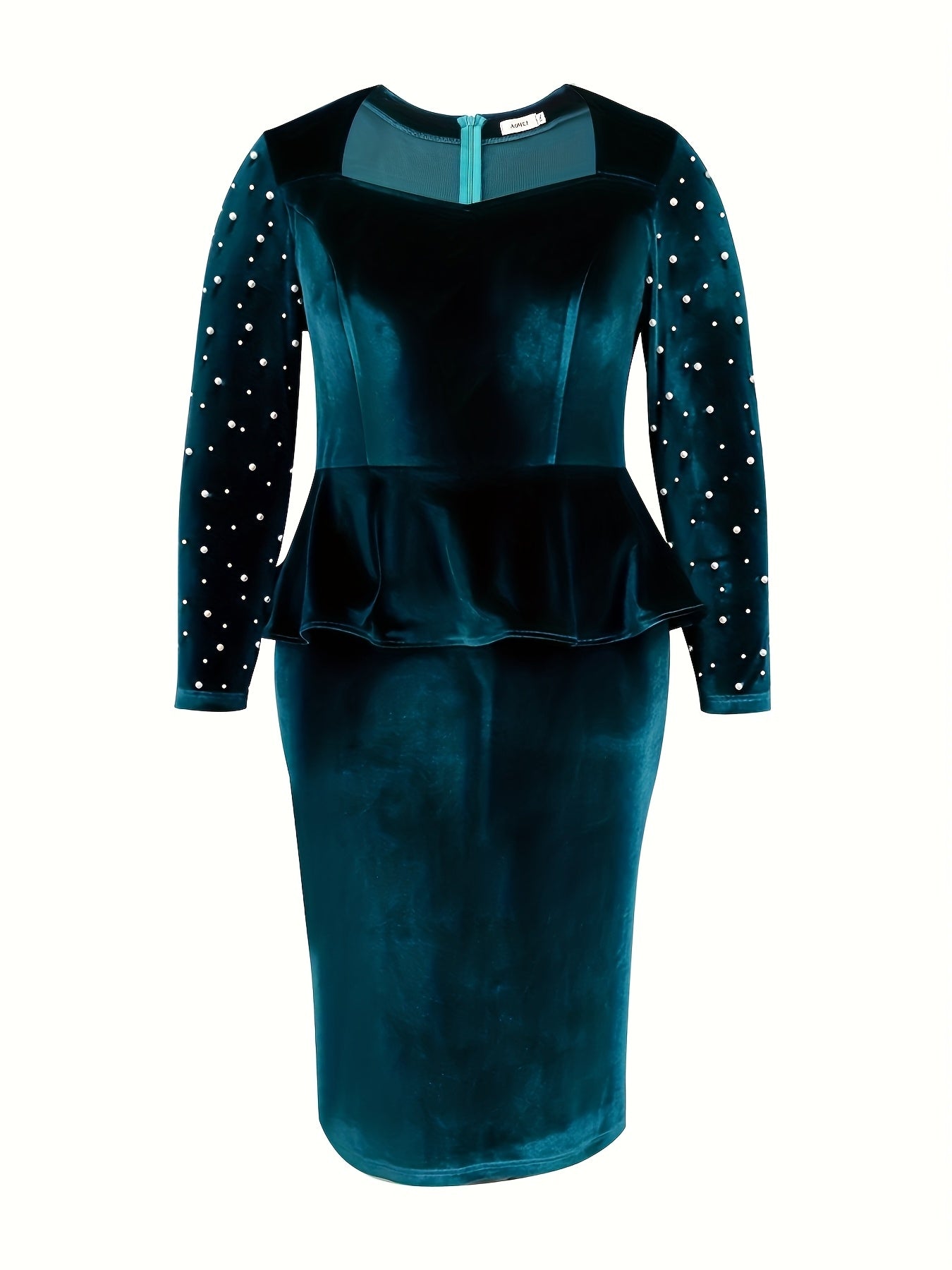 Women's Navy Blue Beaded Long Sleeve Cocktail Dress Slim Fit Bodycon Midi