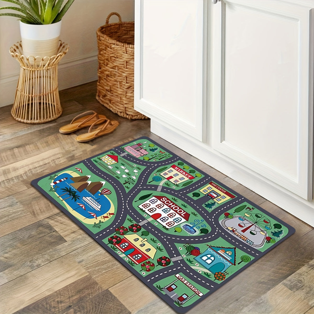 Urban Road Pattern Area Rug Non-Slip Moisture-Proof Polyester for Living Room Bedroom Kitchen