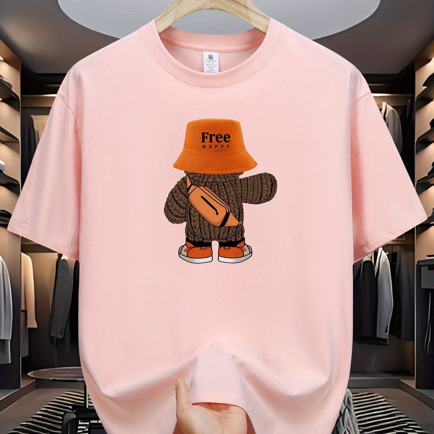 Men's Cotton Teddy Bear Graphic Print T-Shirt Short Sleeve Crew Neck Summer Casual