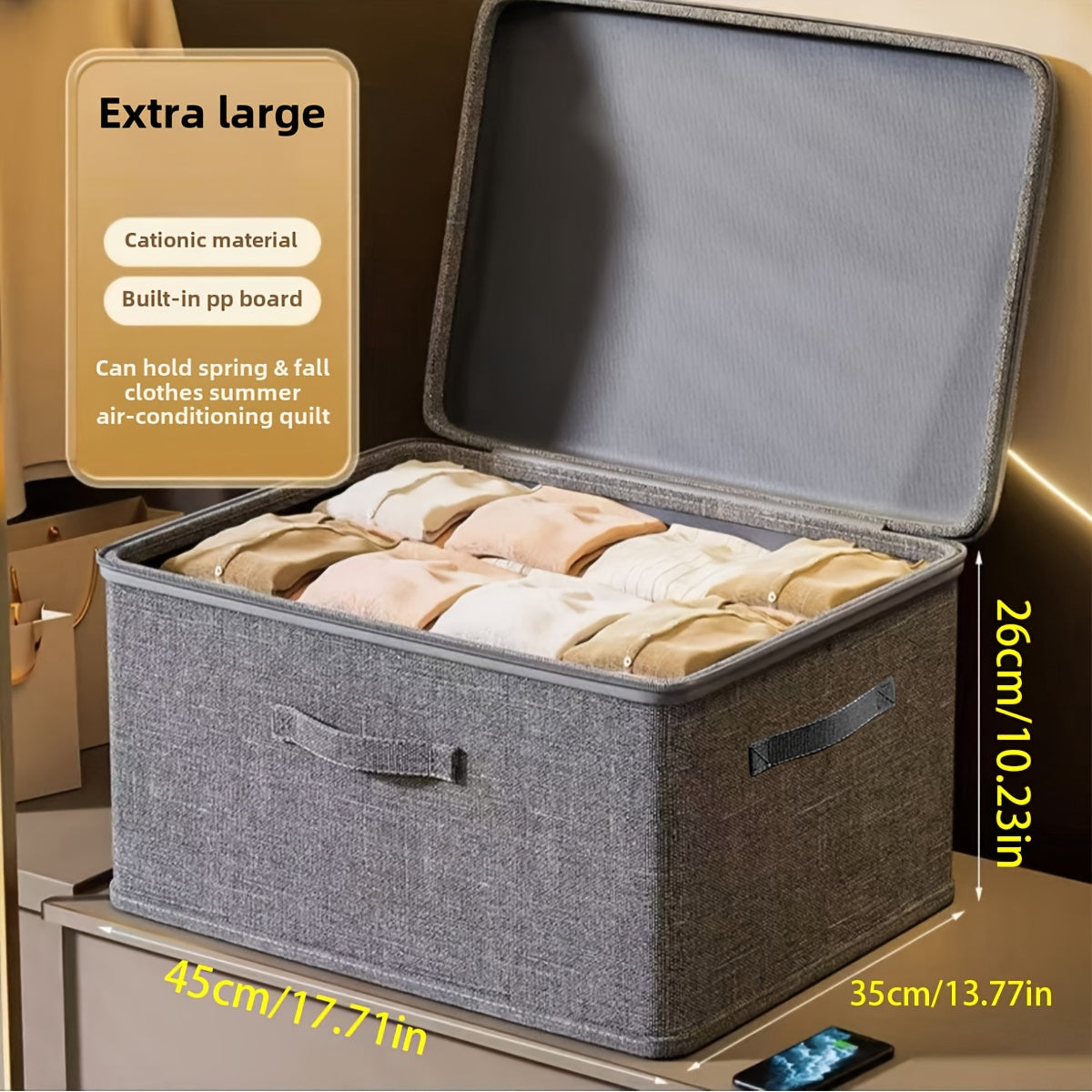 Fabric Collapsible Storage Box with Zipper Lid Handles for Wardrobe Organization Black