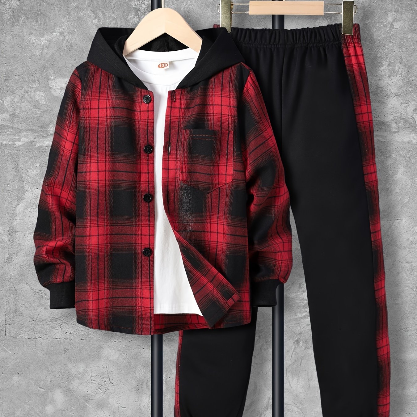 Conjunto de camisa con capucha y pantalones de cuadros para niños y niños en otoño, ropa casual de manga larga