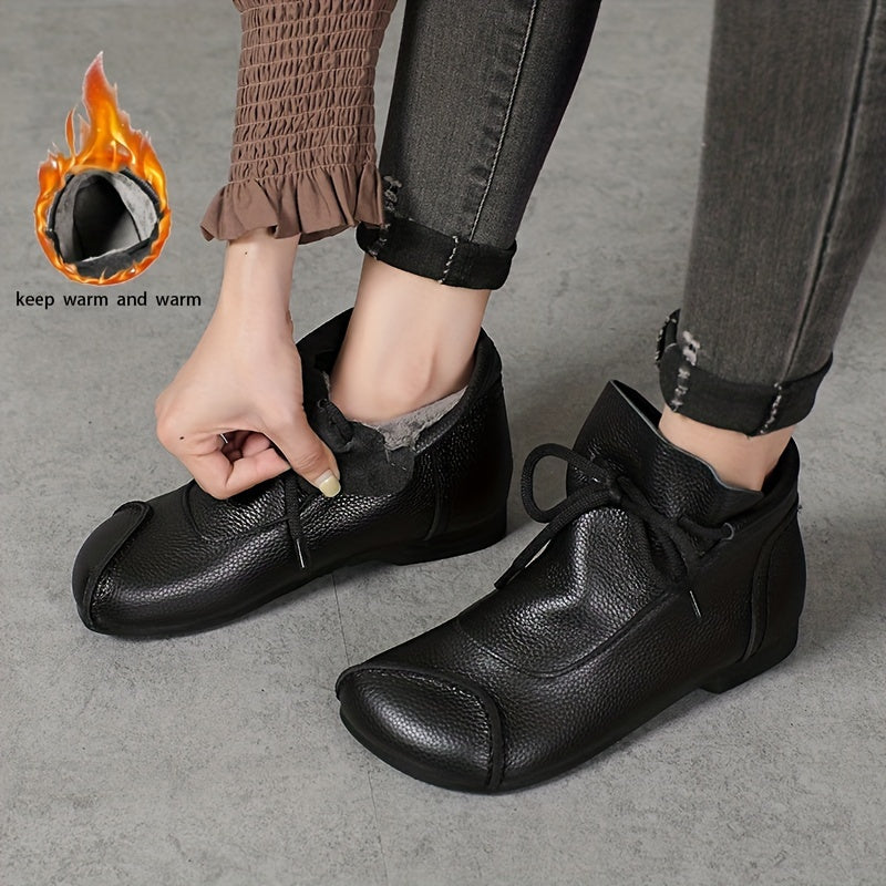 Botines de tobillo para mujer negro, marrón y burdeos de cuero de vaca, forro de felpa acogedora, casuales, planos, con slip-on