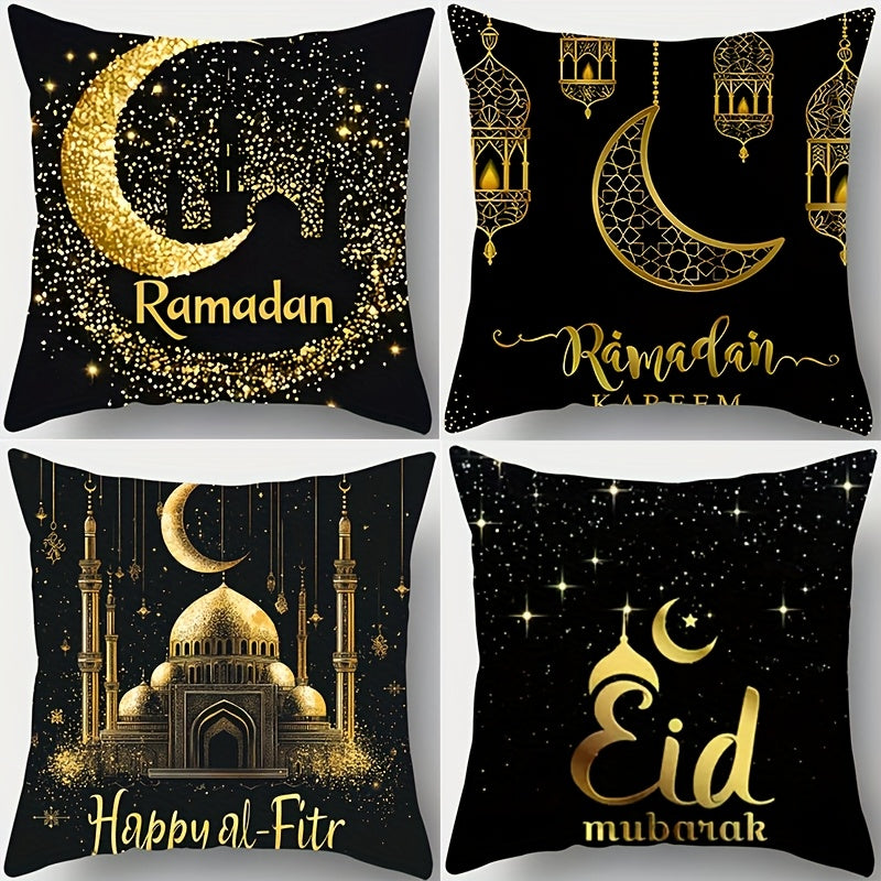 Traditional Ramadan Pillowcases Set of 4 45cm Square Polyester Zippered Lantern Star Moon Print