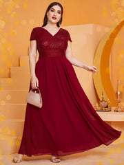 Plus Size Sequined Longline Dress V Neck Party Banquet Elegant Short Sleeve