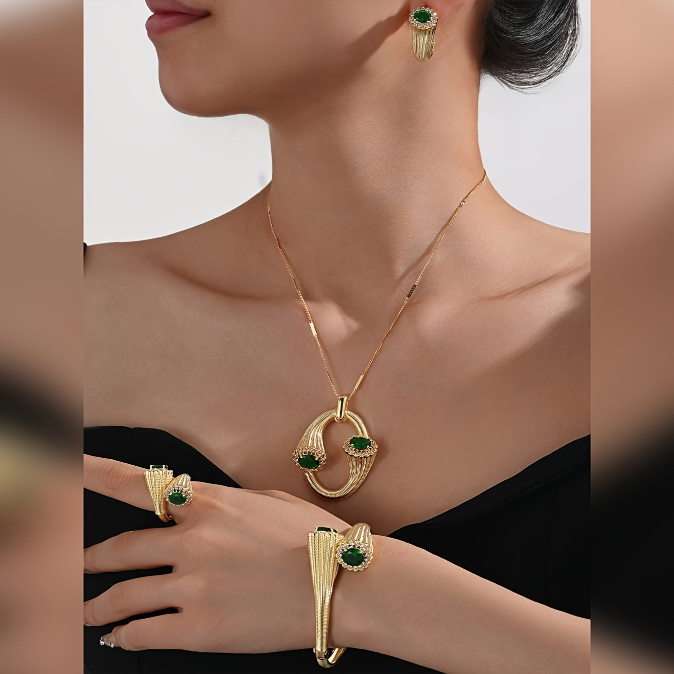 Gold-Toned Copper Jewelry Set with Zirconia Accents Necklace Earrings Bangles