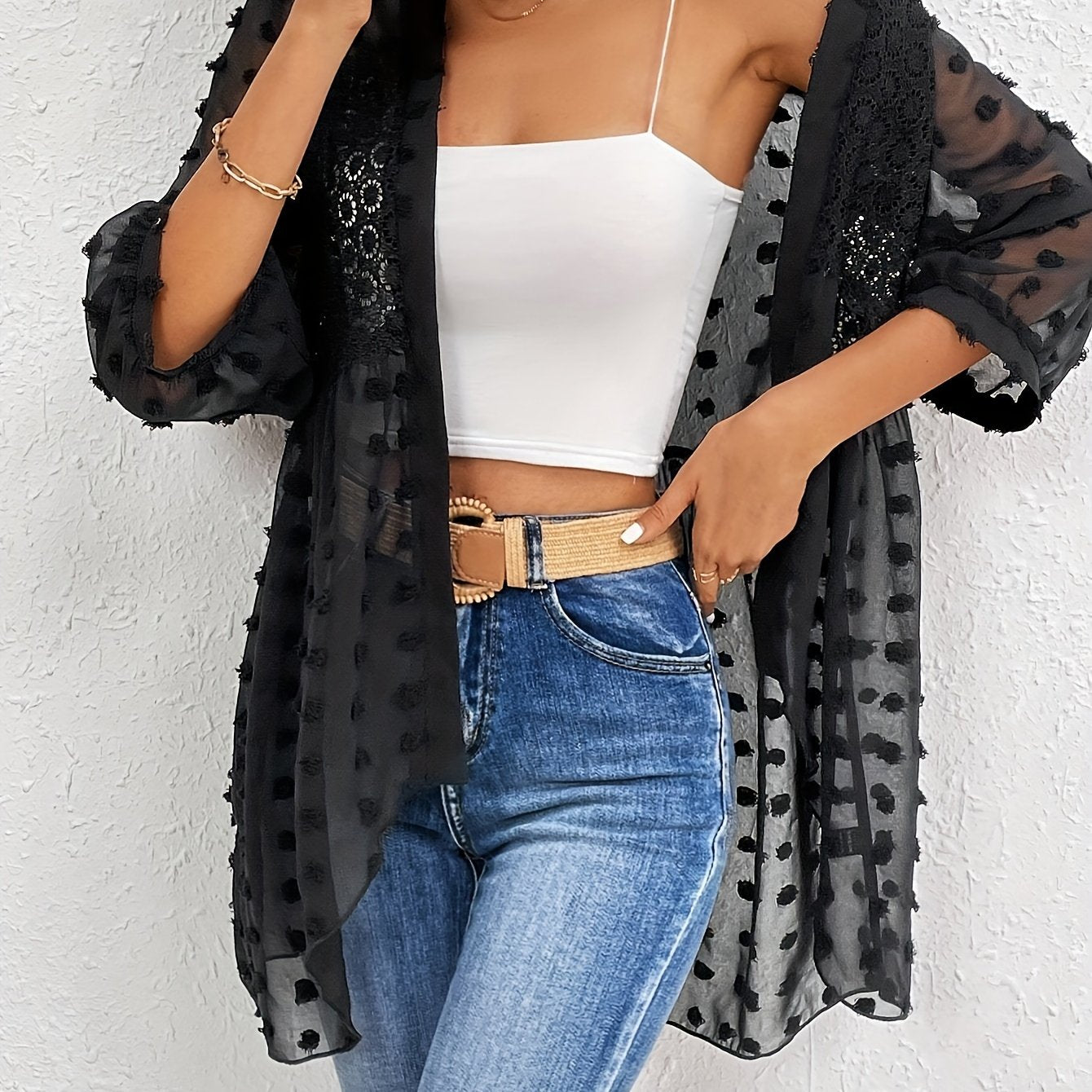 Women's Sheer Swiss Dot Open Front Cardigan Long Sleeve Polyester Summer