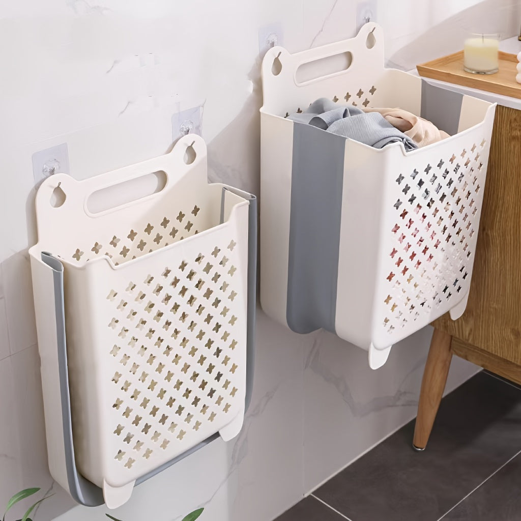 Moviy va oq devor ustiga o'rnatiladigan buklamali kir yuvish savati, yulduzcha kesimlari bilan, joyni tejovchi kiyimlar tashkilotchisi