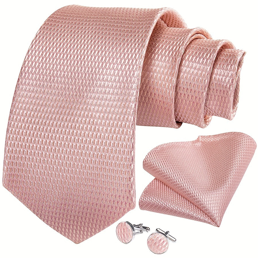 Men's Pink Solid Formal Tie Set with Handkerchief and Cufflinks for Weddings and Business