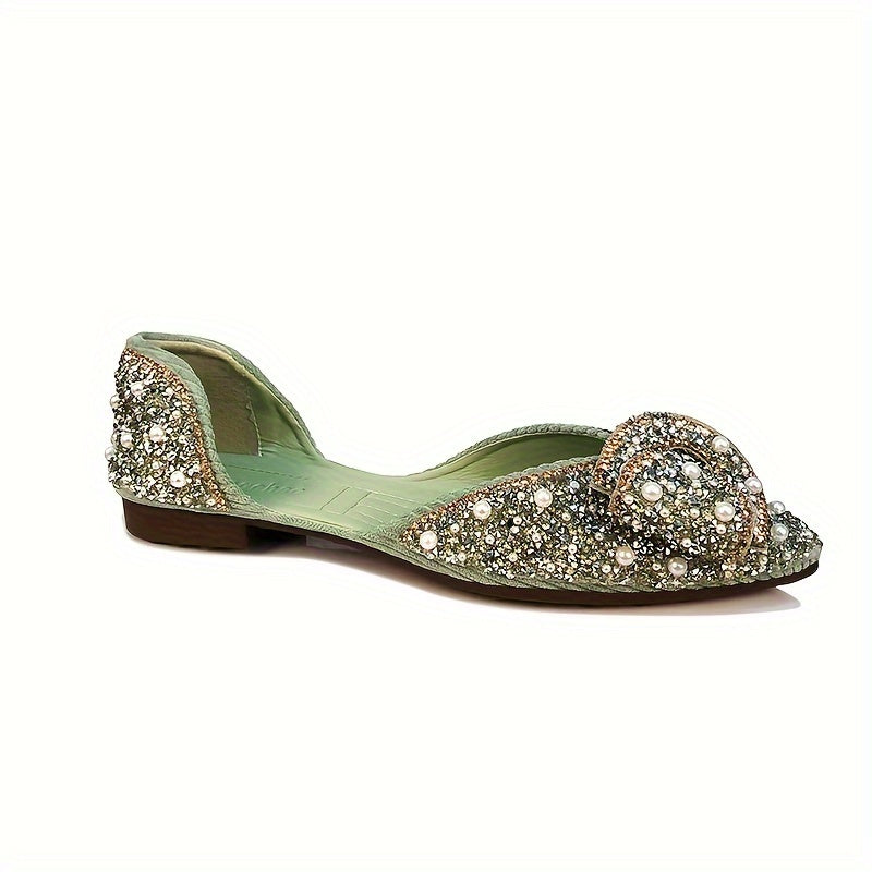 Women's Fabric Ballet Flats with Rhinestone Bow Pointed Toe Slip-On Casual Shoes