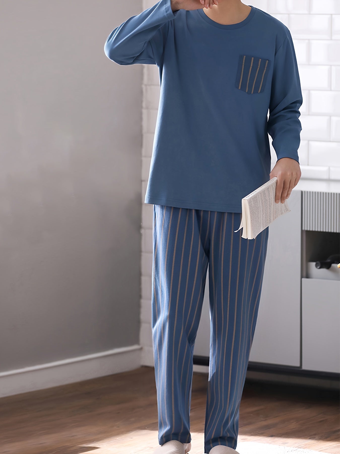 Men's Navy Blue Striped Pajama Set with Pockets Polyester Sleepwear