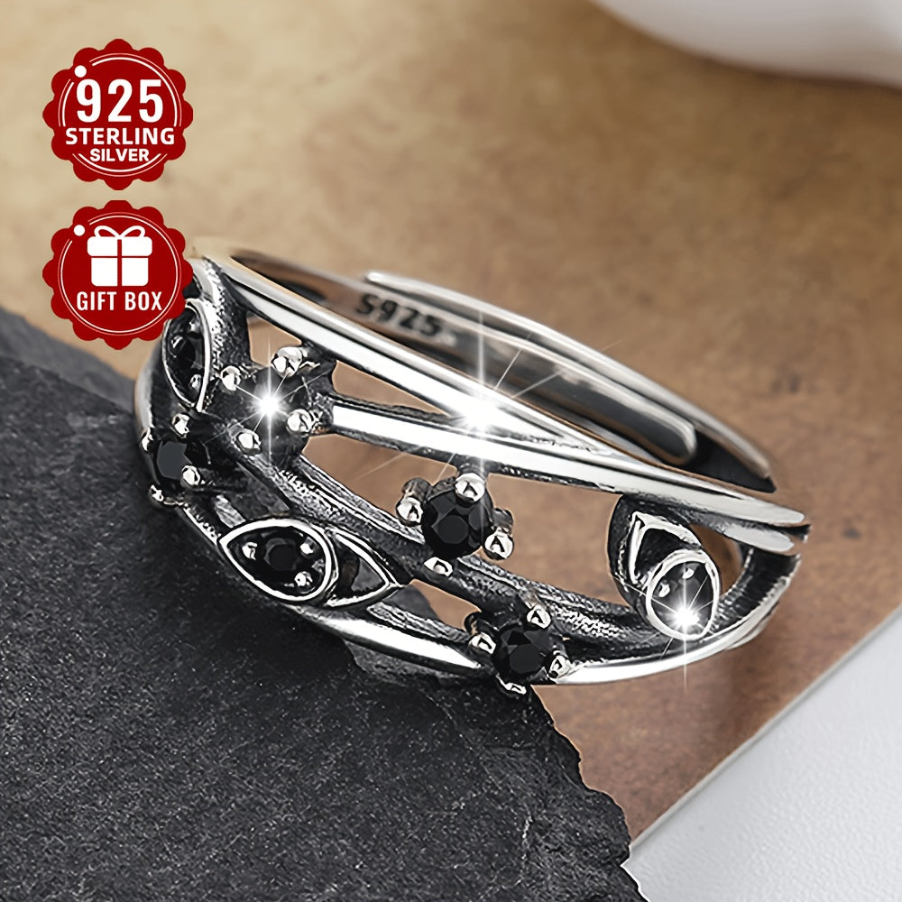 Sterling Silver Adjustable Open Band Multi-Layer Ring with Black Synthetic Zirconia