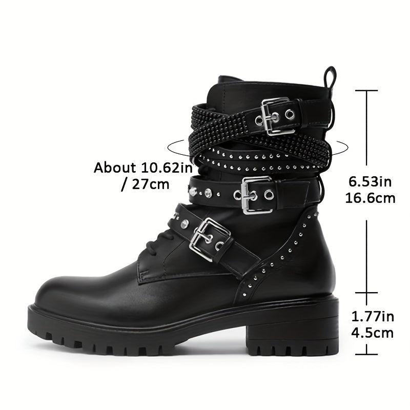 Women's Gothic Punk Motorcycle Boots Faux Leather Chain Zipper Black Chunky Platform