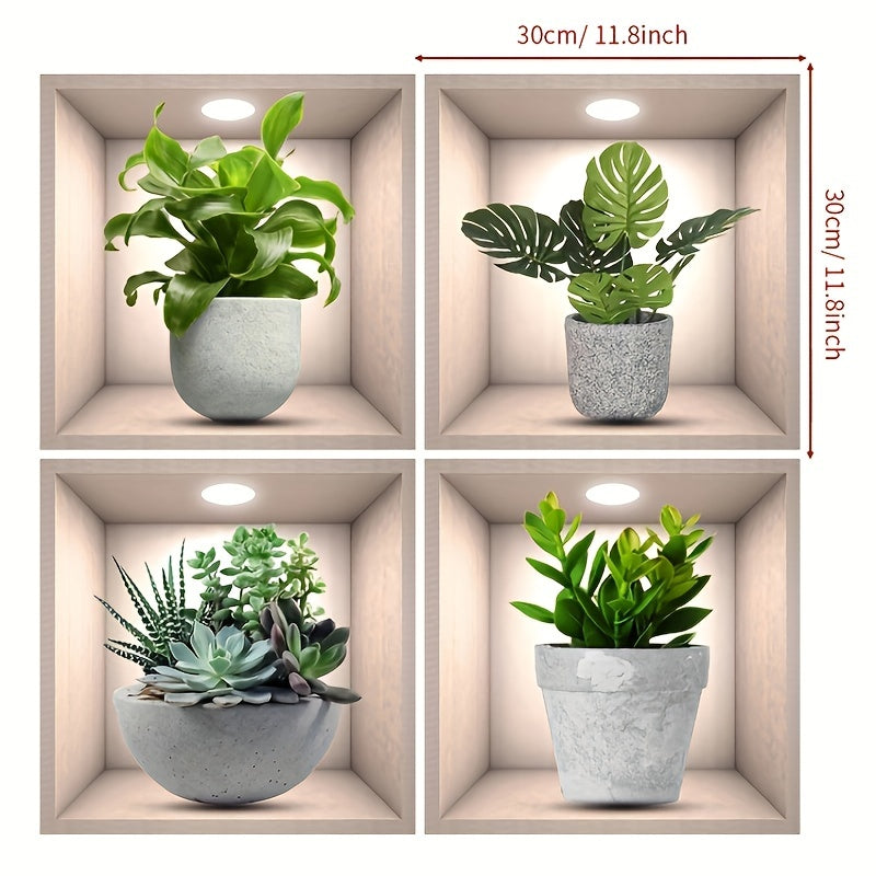 Set of 4 Green Potted Plant Wall Decals Waterproof Removable PVC Stickers for Home Office Room