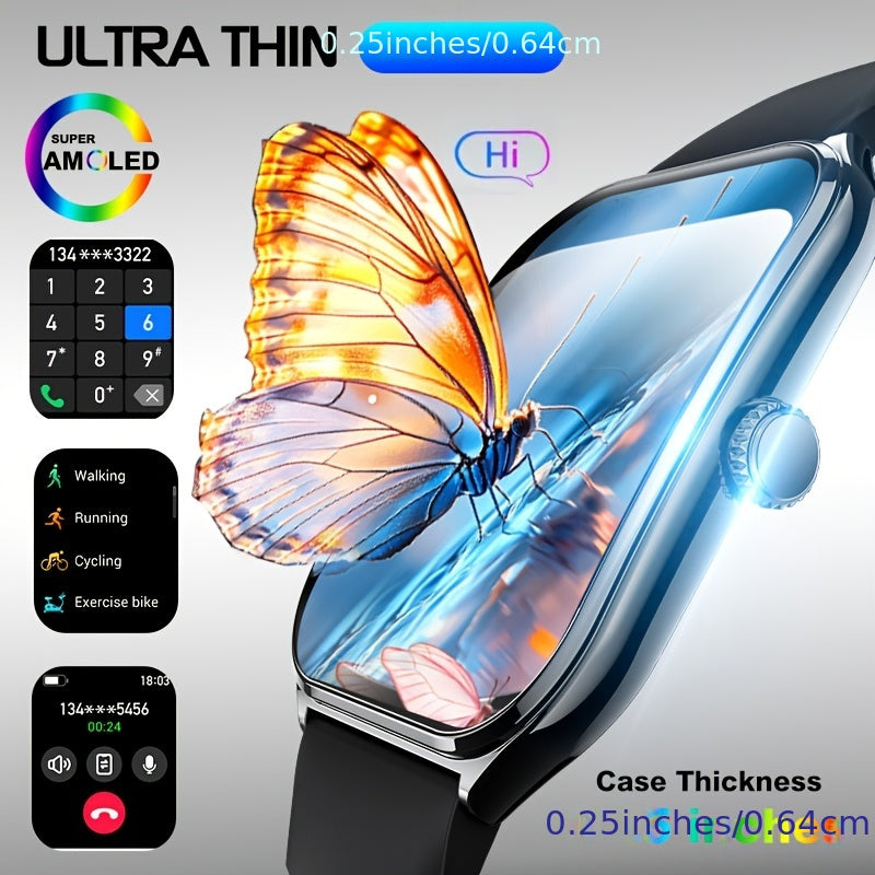 Ultra-Thin AMOLED Smartwatch with Wireless Calling Fitness Tracker Water-Resistant Silicone Strap