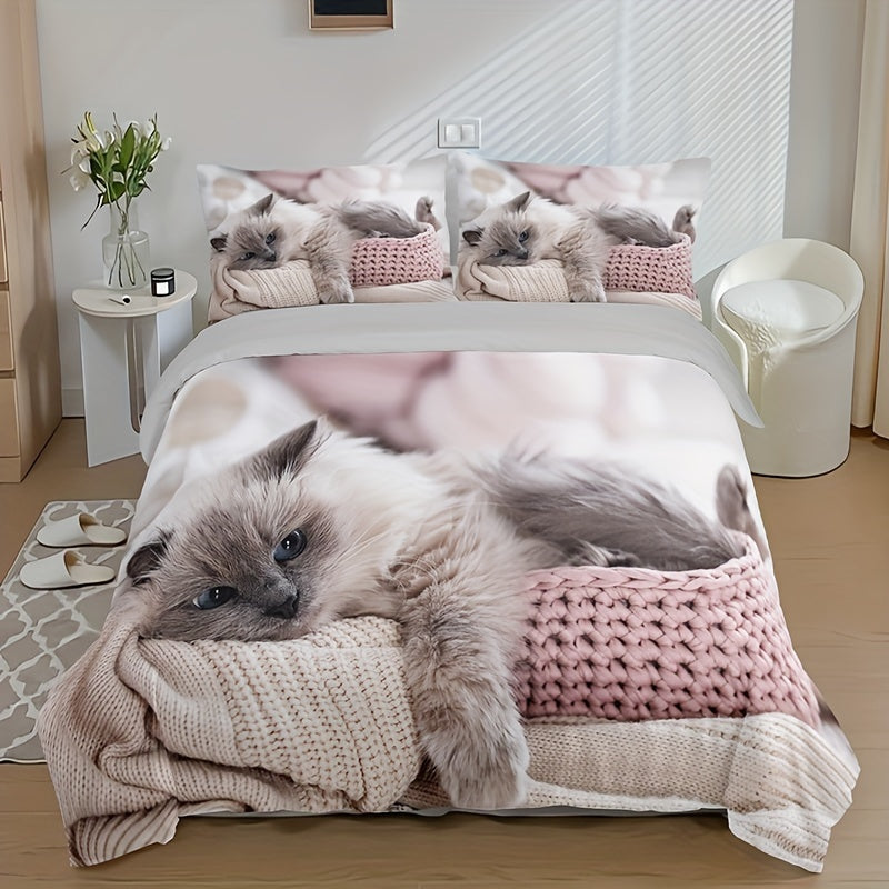 Polyester Duvet Cover Set with 3 Pieces 1 Duvet Cover 2 Pillowcases All Season Cat Print Bedding