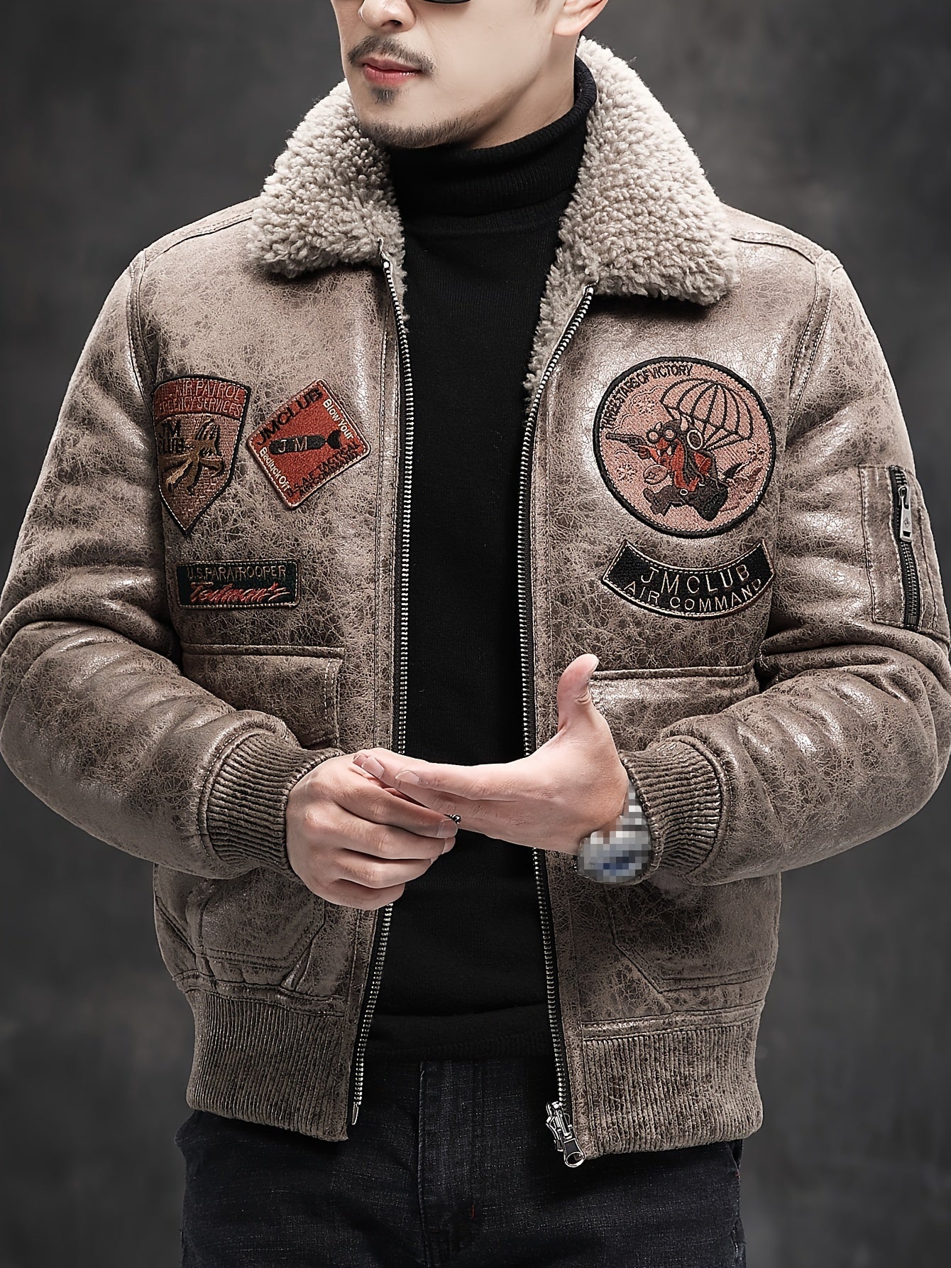 Men's Faux Fur Lined Biker Jacket with Applique Air Force Style Zipper Closure Fall Winter