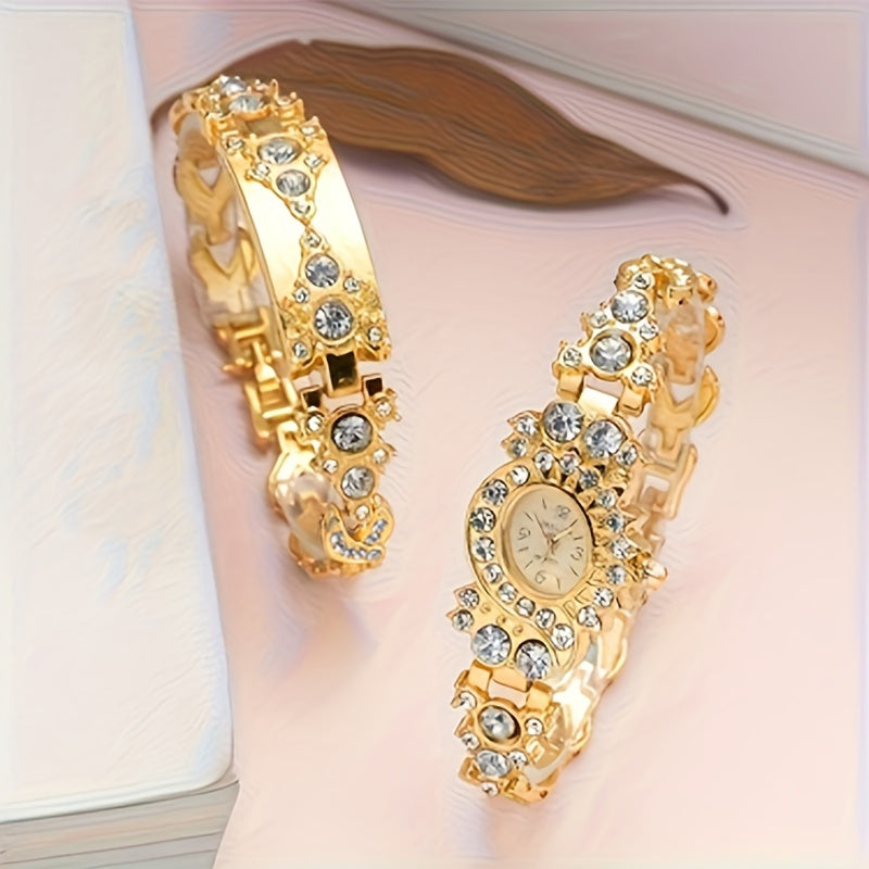 Women's Gold Rhinestone Quartz Watch with Oval Zinc Alloy Case and Analog Display